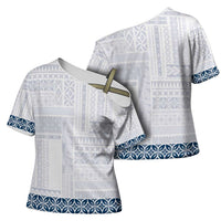 Samoa Siapo Blue Trimmed Cross Shoulder Shirt Samoa White Sunday - Polynesian Pride