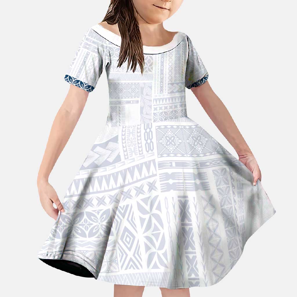 Samoa Siapo Blue Trimmed Family Matching Long Sleeve Bodycon Dress and Hawaiian Shirt Samoa White Sunday - Polynesian Pride