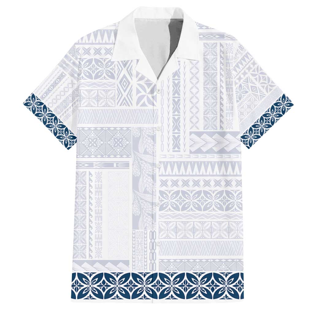 Samoa Siapo Blue Trimmed Family Matching Long Sleeve Bodycon Dress and Hawaiian Shirt Samoa White Sunday - Polynesian Pride