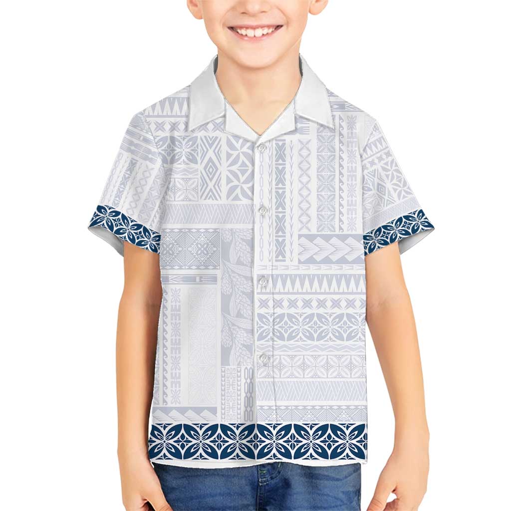Samoa Siapo Blue Trimmed Family Matching Long Sleeve Bodycon Dress and Hawaiian Shirt Samoa White Sunday - Polynesian Pride
