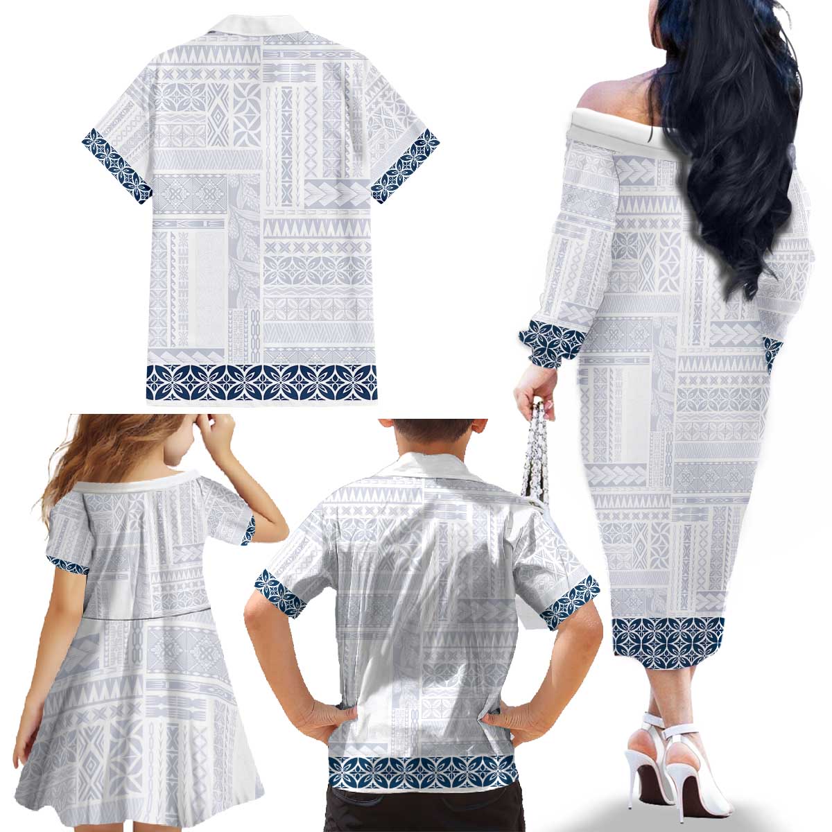 Samoa Siapo Blue Trimmed Family Matching Off The Shoulder Long Sleeve Dress and Hawaiian Shirt Samoa White Sunday - Polynesian Pride