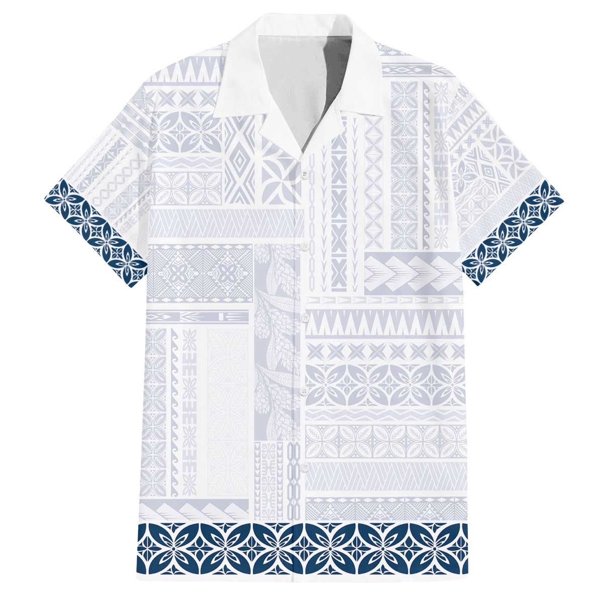 Samoa Siapo Blue Trimmed Family Matching Off The Shoulder Long Sleeve Dress and Hawaiian Shirt Samoa White Sunday - Polynesian Pride