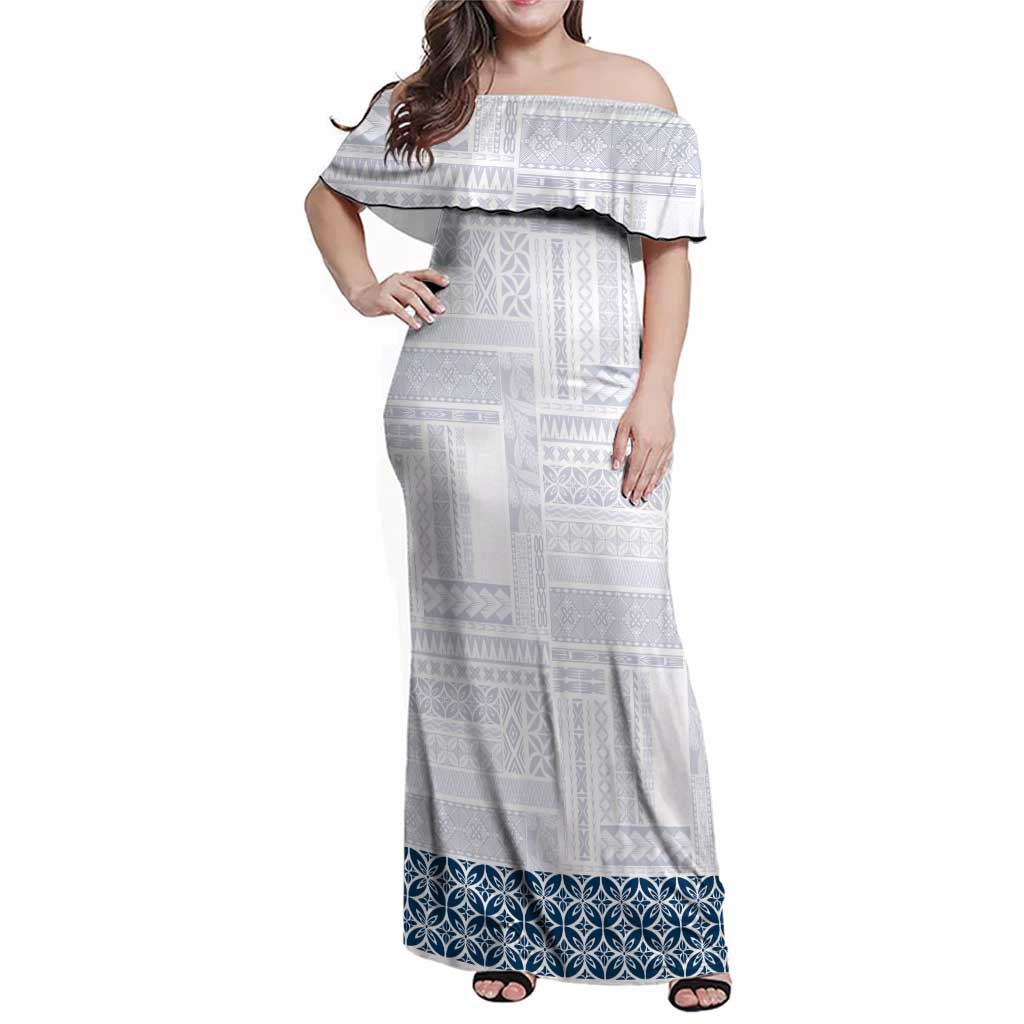 Samoa Siapo Blue Trimmed Family Matching Off Shoulder Maxi Dress and Hawaiian Shirt Samoa White Sunday - Polynesian Pride