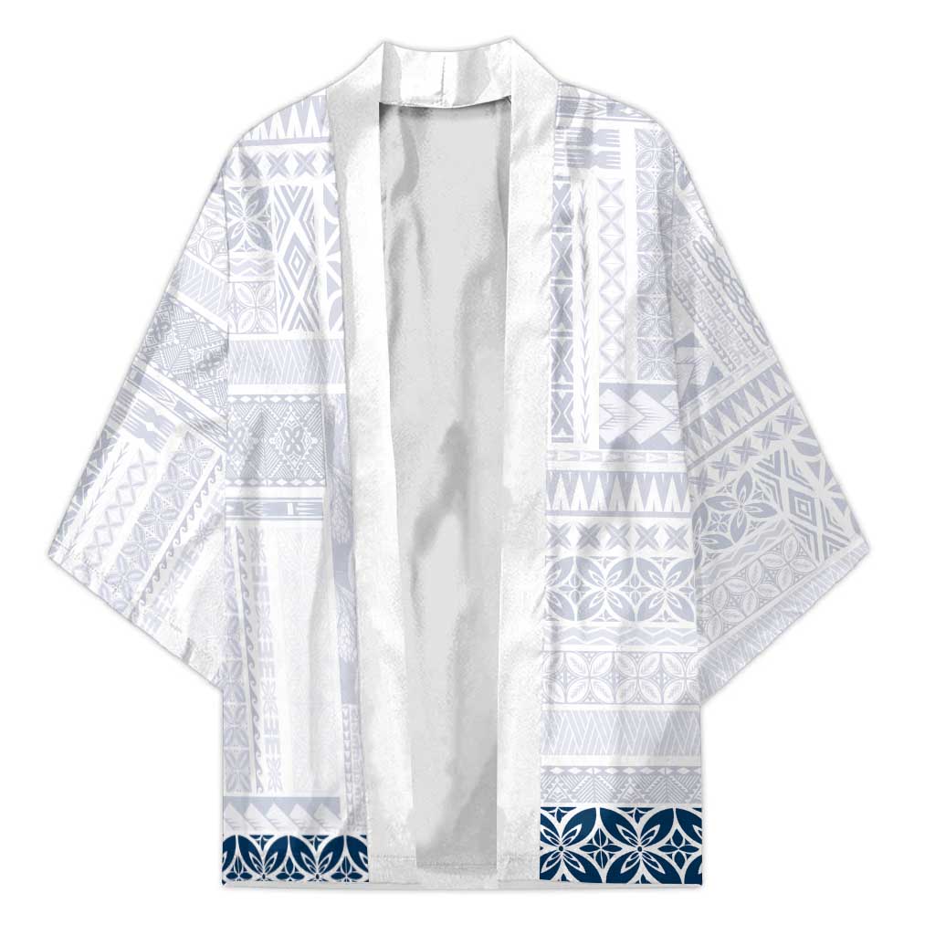 Samoa Siapo Blue Trimmed Kimono Samoa White Sunday - Polynesian Pride