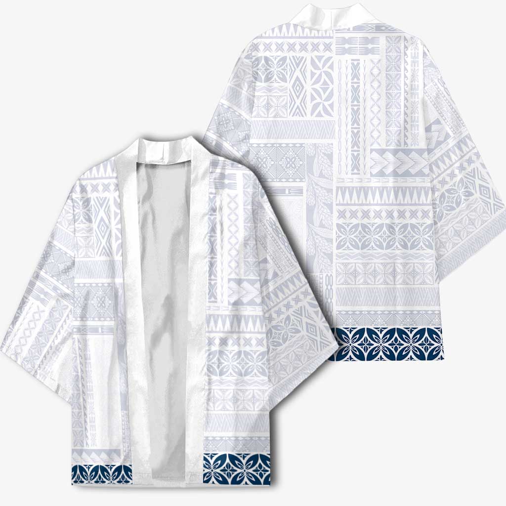 Samoa Siapo Blue Trimmed Kimono Samoa White Sunday - Polynesian Pride