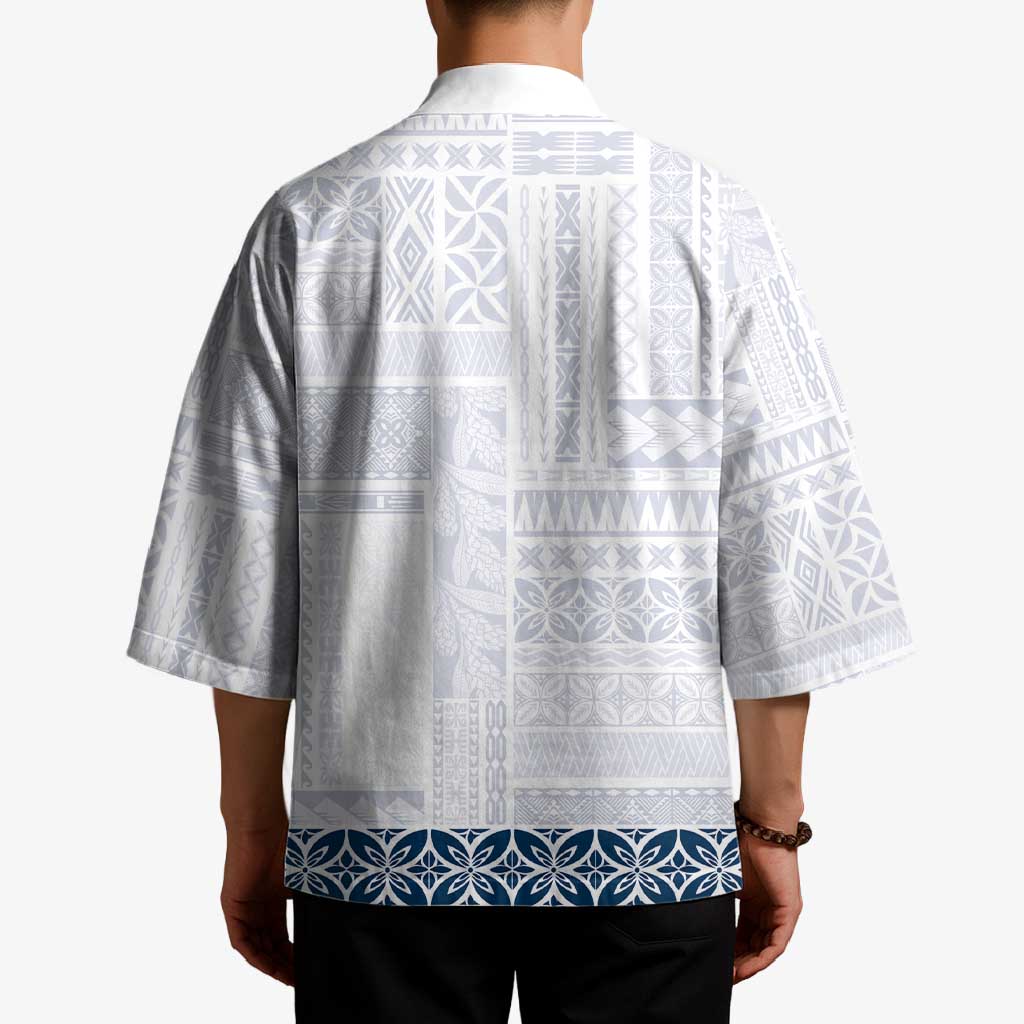 Samoa Siapo Blue Trimmed Kimono Samoa White Sunday - Polynesian Pride