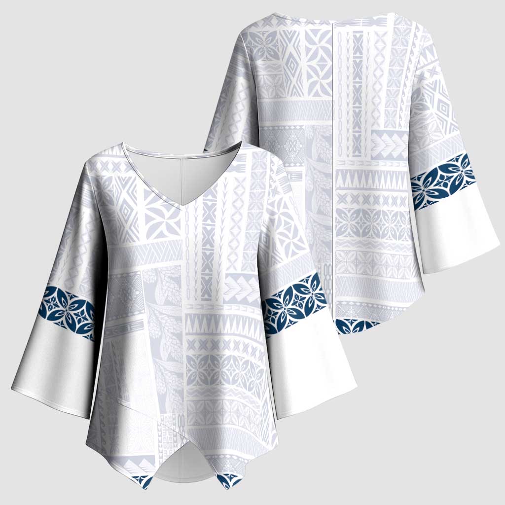 Samoa Siapo Blue Trimmed Kimono Sleeve Blouse Samoa White Sunday - Polynesian Pride