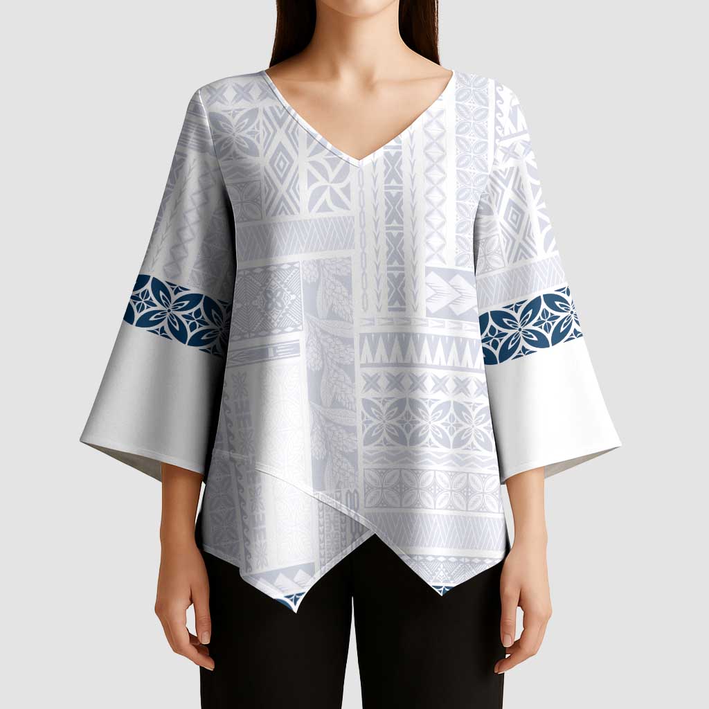 Samoa Siapo Blue Trimmed Kimono Sleeve Blouse Samoa White Sunday - Polynesian Pride