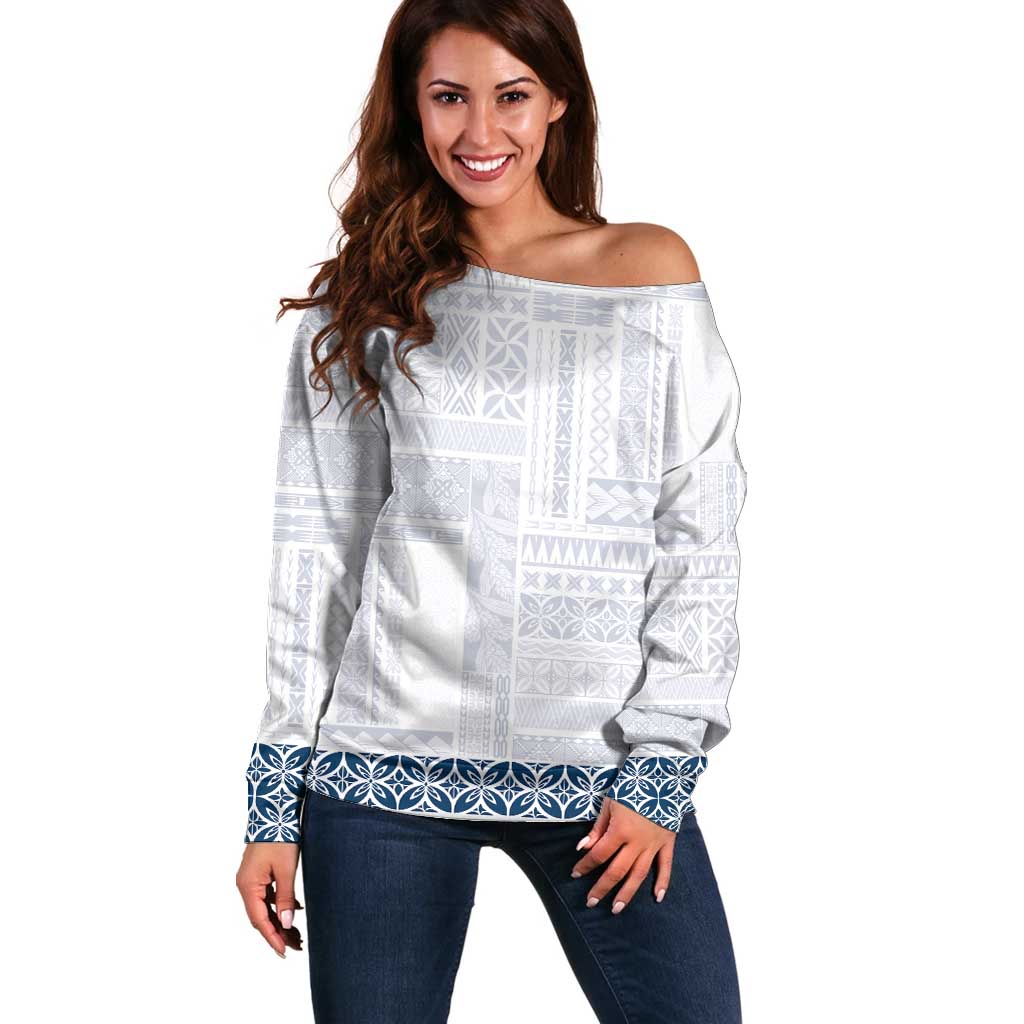 Samoa Siapo Blue Trimmed Off Shoulder Sweater Samoa White Sunday - Polynesian Pride