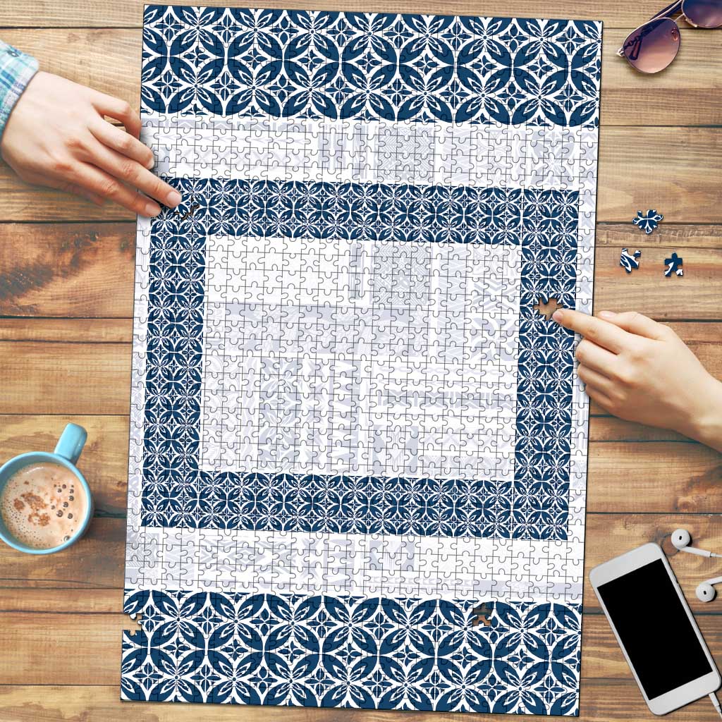 Samoa Siapo Blue Trimmed Puzzle Samoa White Sunday LT01 Blue - Polynesian Pride