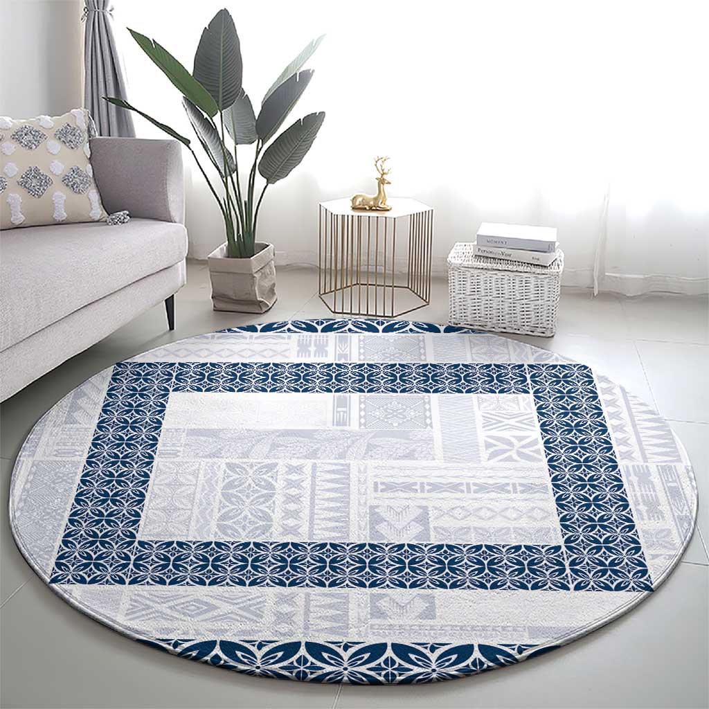 Samoa Siapo Blue Trimmed Round Carpet Samoa White Sunday - Polynesian Pride