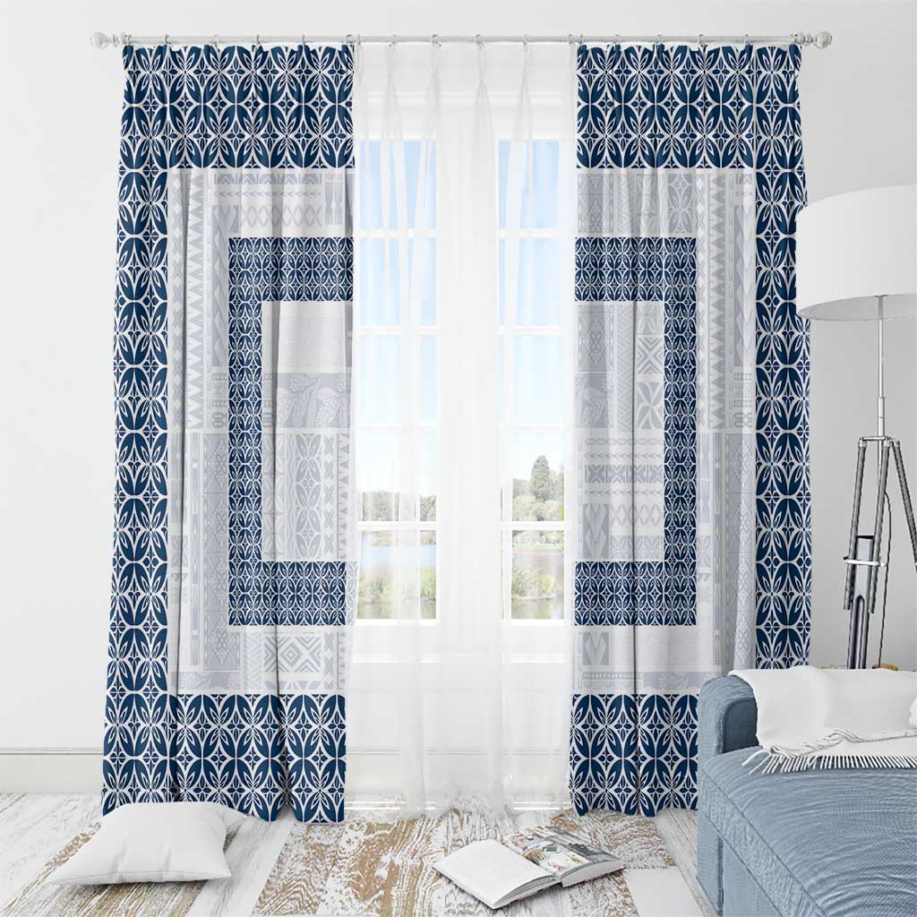 Samoa Siapo Blue Trimmed Window Curtain Samoa White Sunday - Polynesian Pride