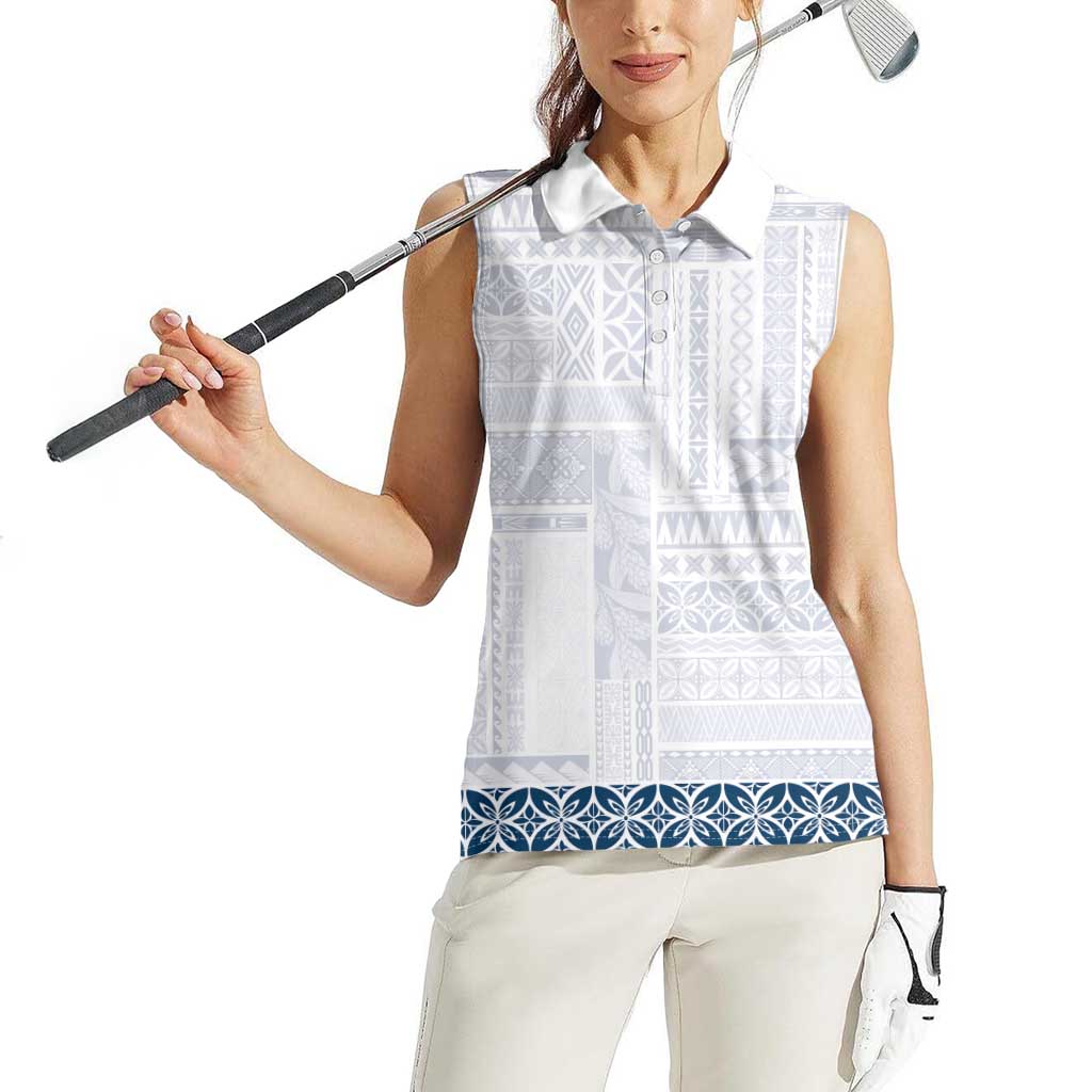 Samoa Siapo Blue Trimmed Women Sleeveless Polo Shirt Samoa White Sunday LT01 - Polynesian Pride