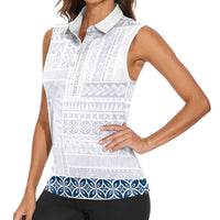 Samoa Siapo Blue Trimmed Women Sleeveless Polo Shirt Samoa White Sunday LT01 - Polynesian Pride