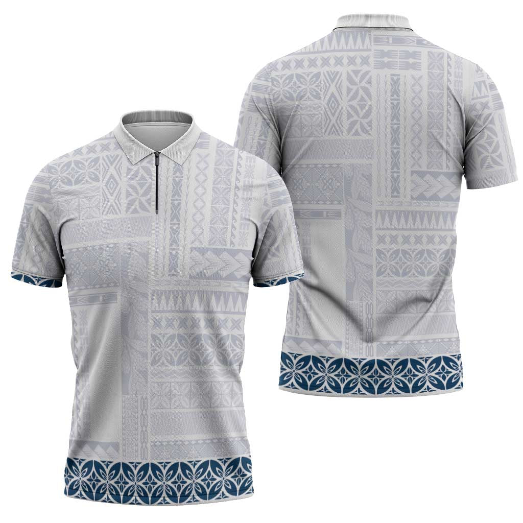 Samoa Siapo Blue Trimmed Zipper Polo Shirt Samoa White Sunday LT01 - Polynesian Pride