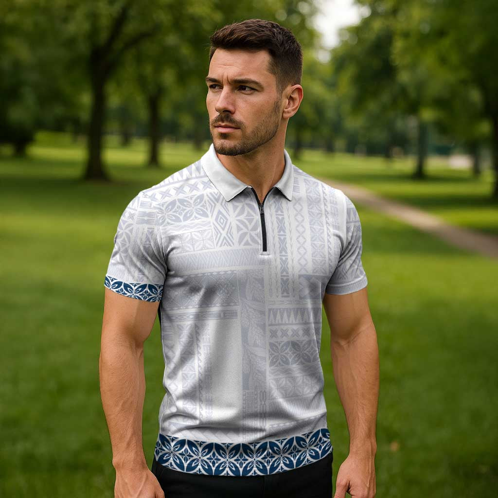 Samoa Siapo Blue Trimmed Zipper Polo Shirt Samoa White Sunday LT01 - Polynesian Pride