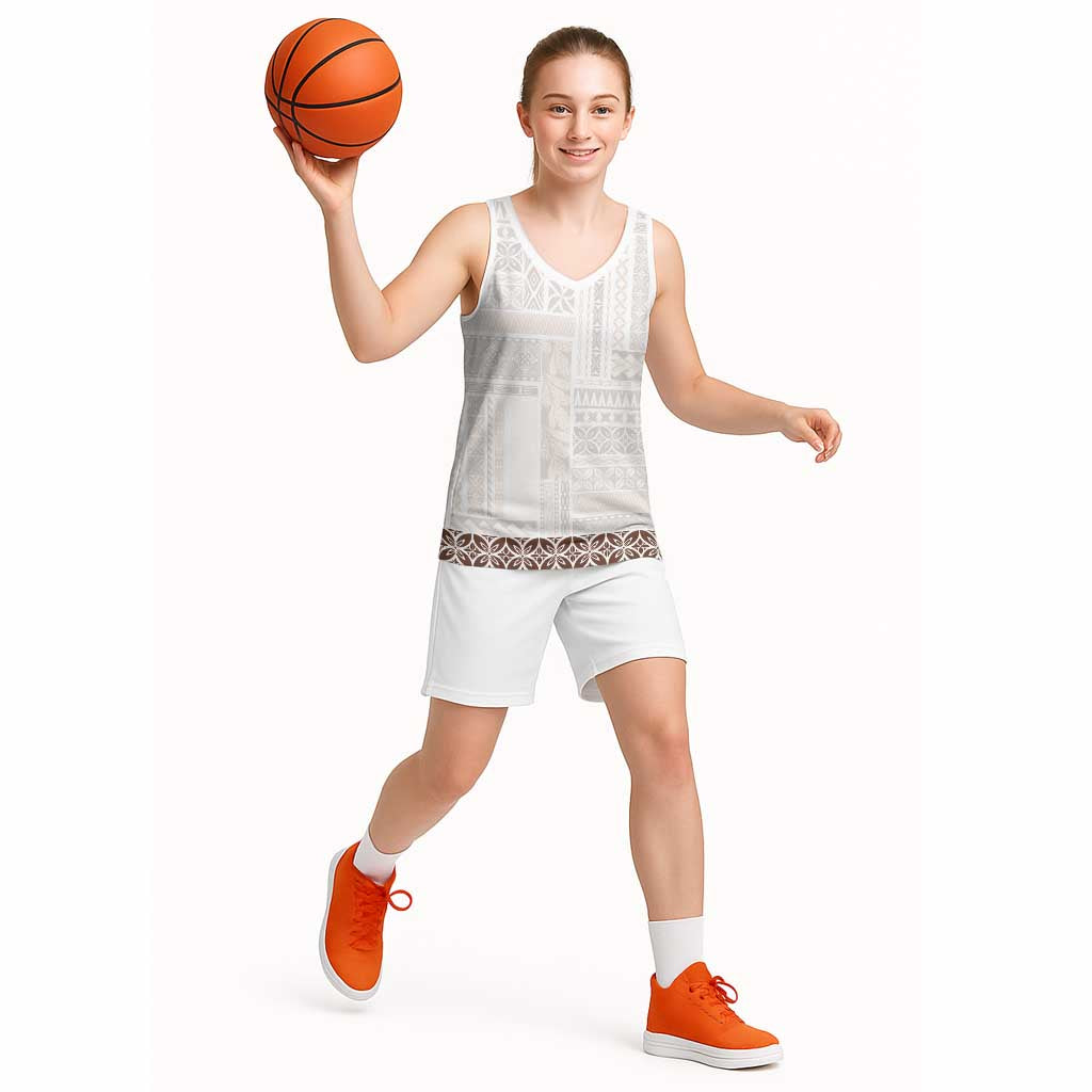 Samoa Siapo Brown Trimmed Basketball Jersey Samoa White Sunday LT01 - Polynesian Pride