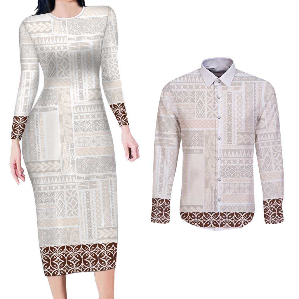 Samoa Siapo Brown Trimmed Couples Matching Long Sleeve Bodycon Dress and Long Sleeve Button Shirt Samoa White Sunday - Polynesian Pride