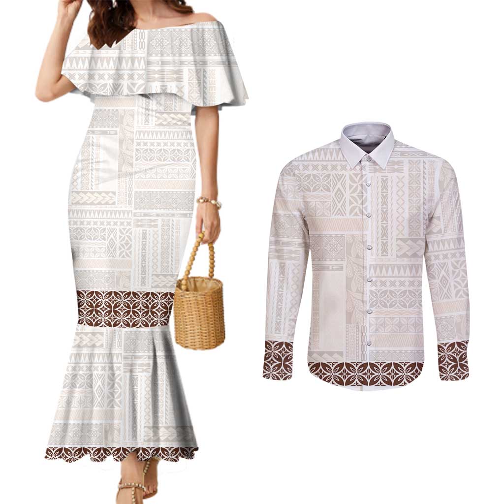 Samoa Siapo Brown Trimmed Couples Matching Mermaid Dress and Long Sleeve Button Shirt Samoa White Sunday - Polynesian Pride