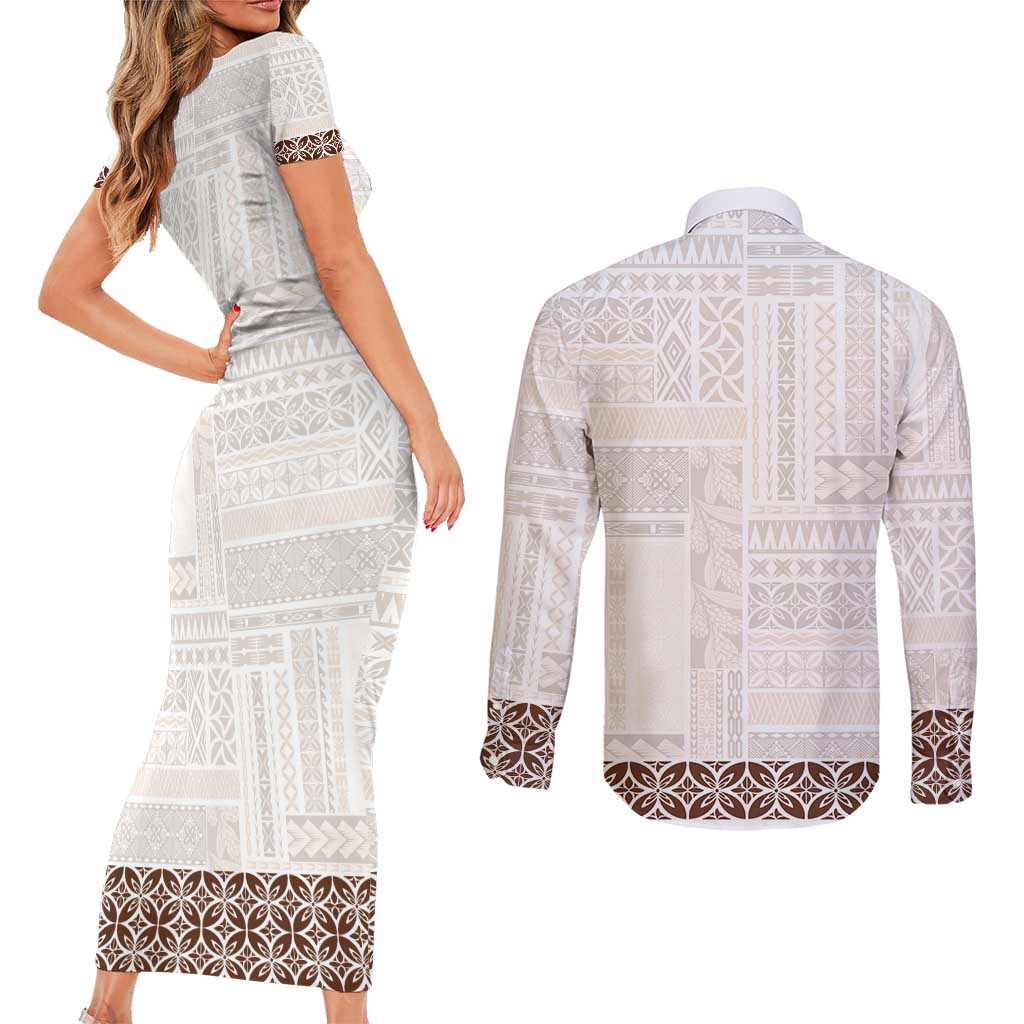 Samoa Siapo Brown Trimmed Couples Matching Short Sleeve Bodycon Dress and Long Sleeve Button Shirt Samoa White Sunday - Polynesian Pride