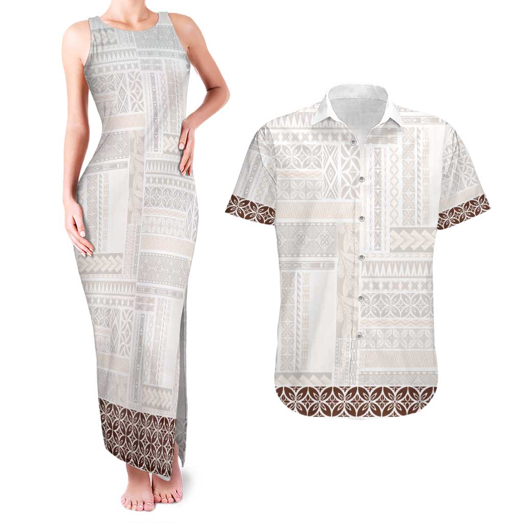 Samoa Siapo Brown Trimmed Couples Matching Tank Maxi Dress and Hawaiian Shirt Samoa White Sunday - Polynesian Pride