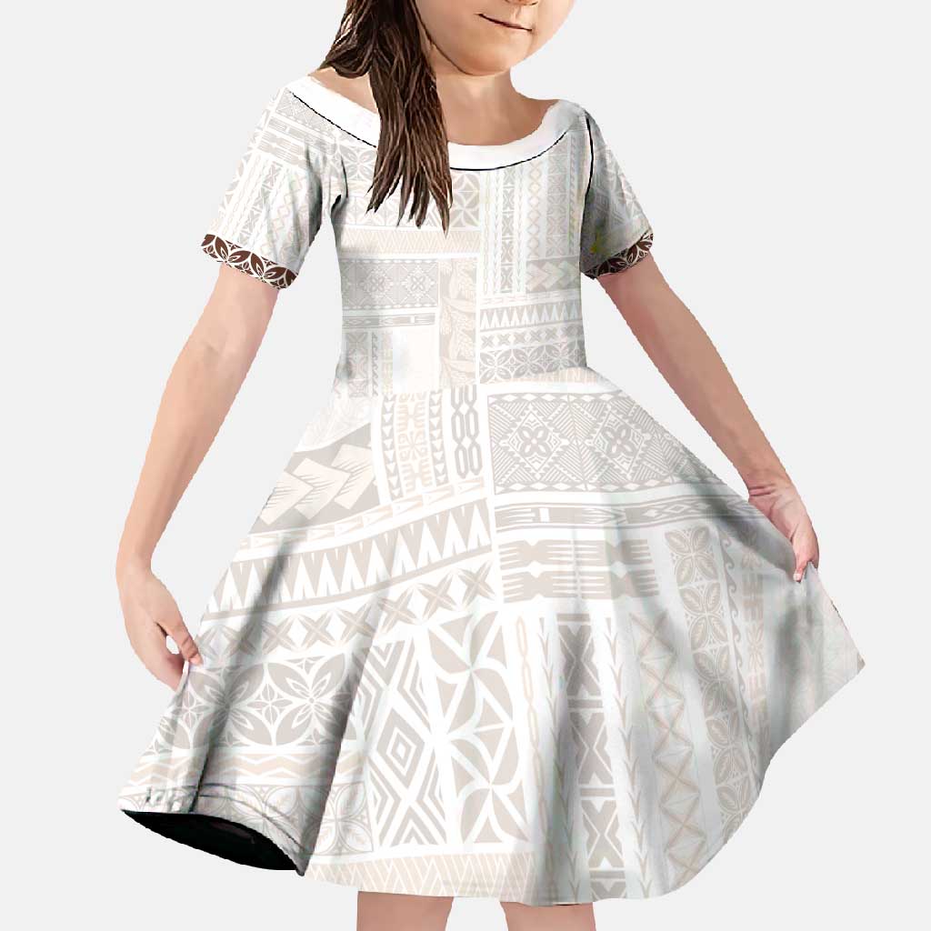 Samoa Siapo Brown Trimmed Family Matching Long Sleeve Bodycon Dress and Hawaiian Shirt Samoa White Sunday - Polynesian Pride