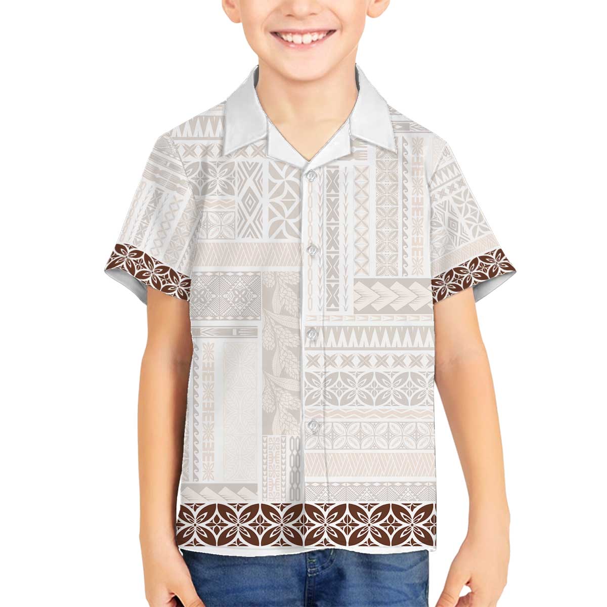 Samoa Siapo Brown Trimmed Family Matching Off The Shoulder Long Sleeve Dress and Hawaiian Shirt Samoa White Sunday - Polynesian Pride