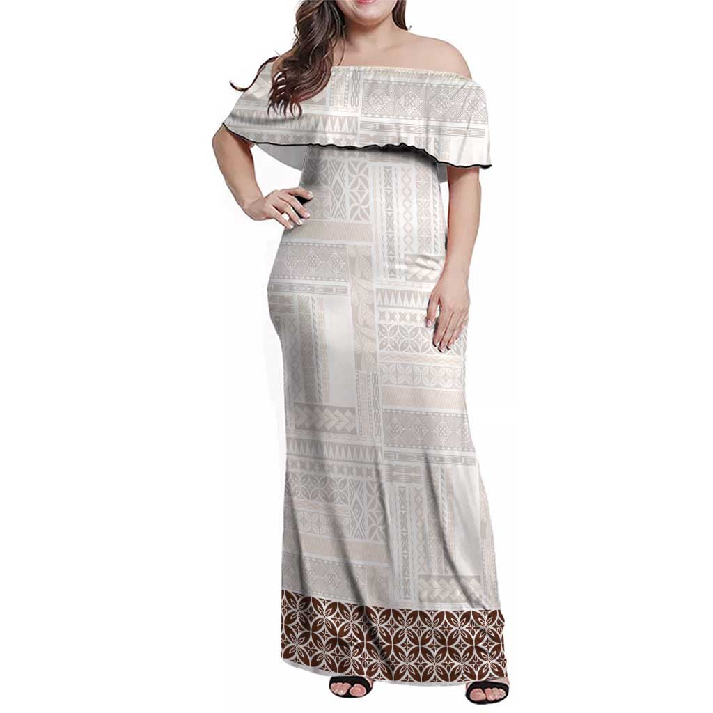 Samoa Siapo Brown Trimmed Family Matching Off Shoulder Maxi Dress and Hawaiian Shirt Samoa White Sunday - Polynesian Pride