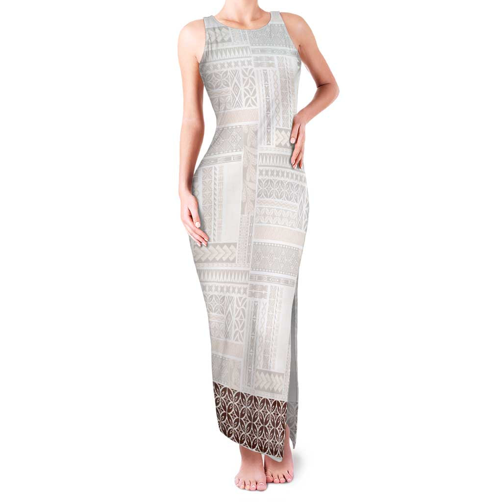 Samoa Siapo Brown Trimmed Family Matching Tank Maxi Dress and Hawaiian Shirt Samoa White Sunday - Polynesian Pride