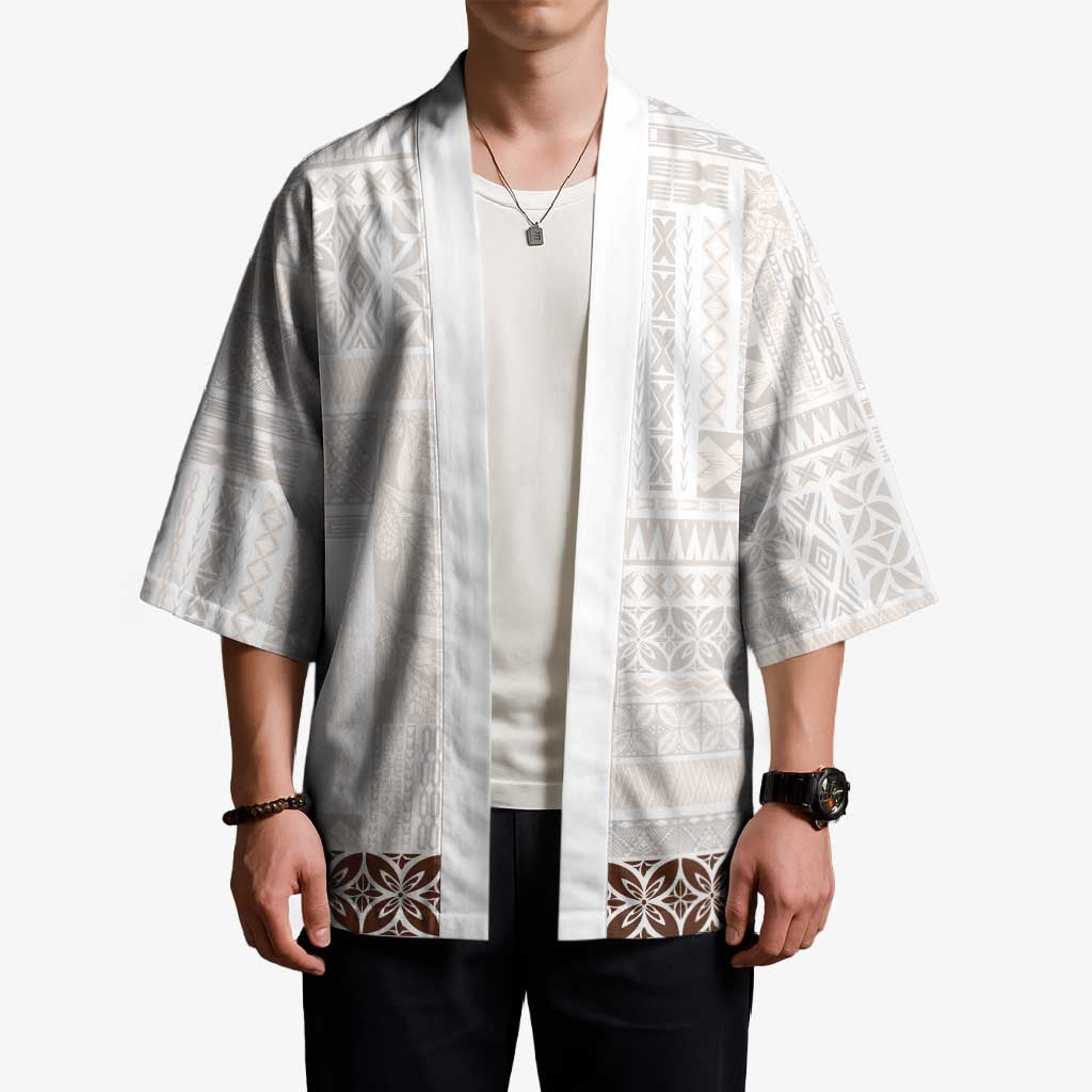 Samoa Siapo Brown Trimmed Kimono Samoa White Sunday - Polynesian Pride