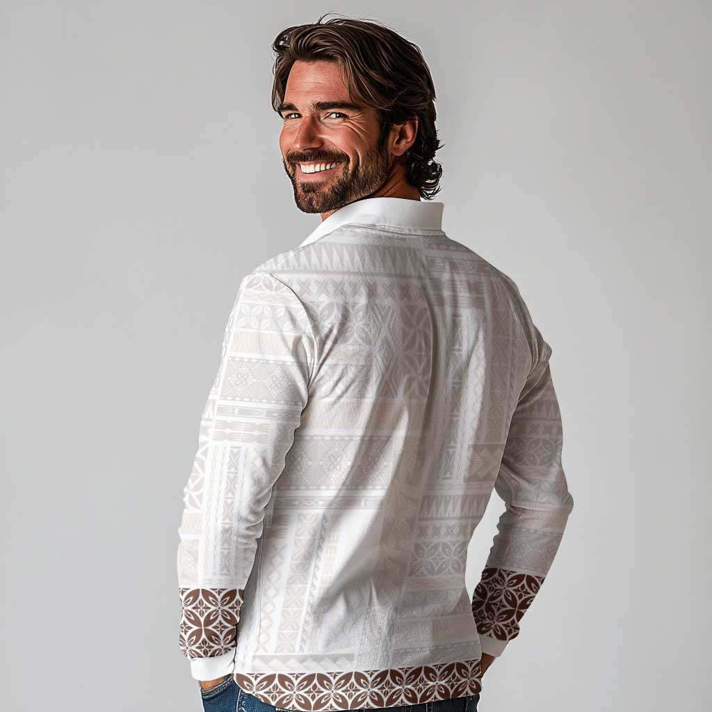 Samoa Siapo Brown Trimmed Long Sleeve Polo Shirt Samoa White Sunday - Polynesian Pride