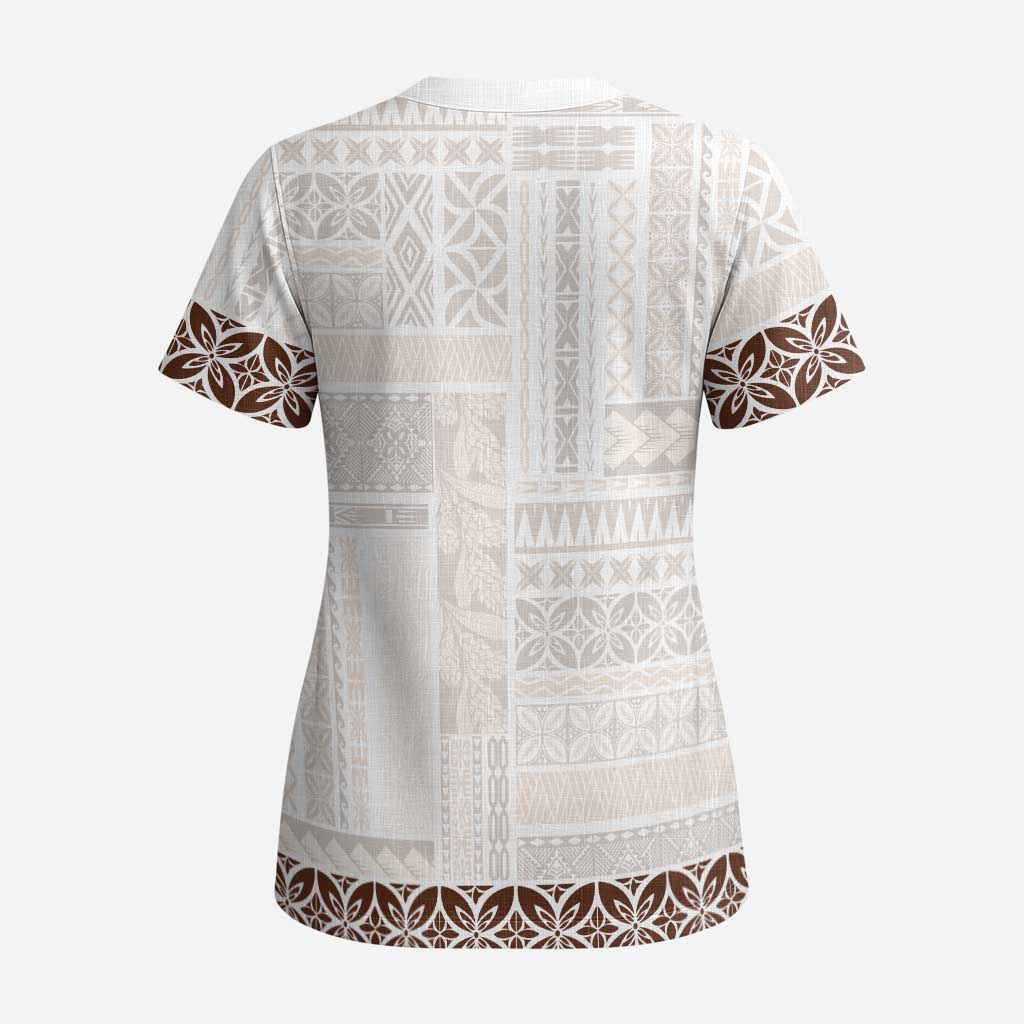 Samoa Siapo Brown Trimmed Scrub Top Samoa White Sunday - Polynesian Pride