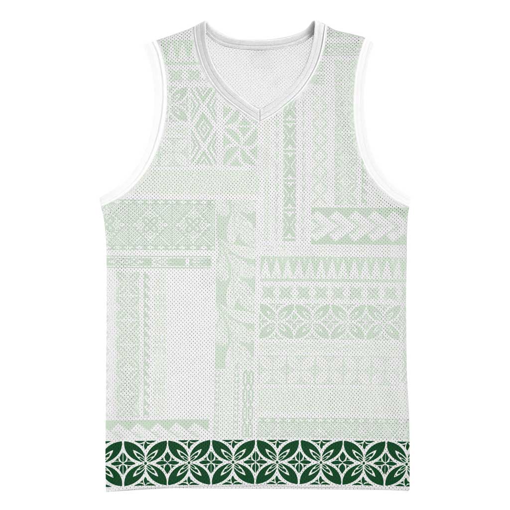 Samoa Siapo Green Trimmed Basketball Jersey Samoa White Sunday LT01 Unisex Green - Polynesian Pride