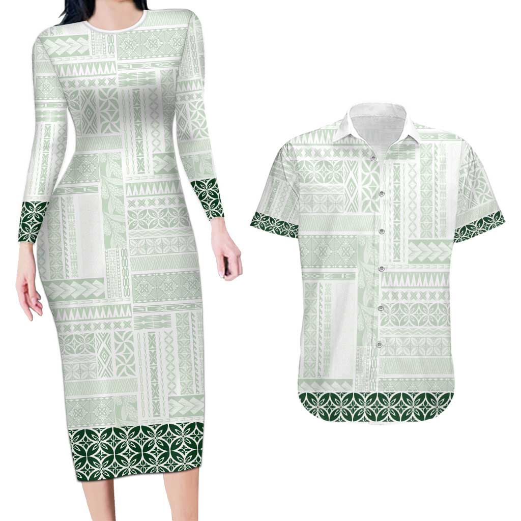 Samoa Siapo Green Trimmed Couples Matching Long Sleeve Bodycon Dress and Hawaiian Shirt Samoa White Sunday - Polynesian Pride
