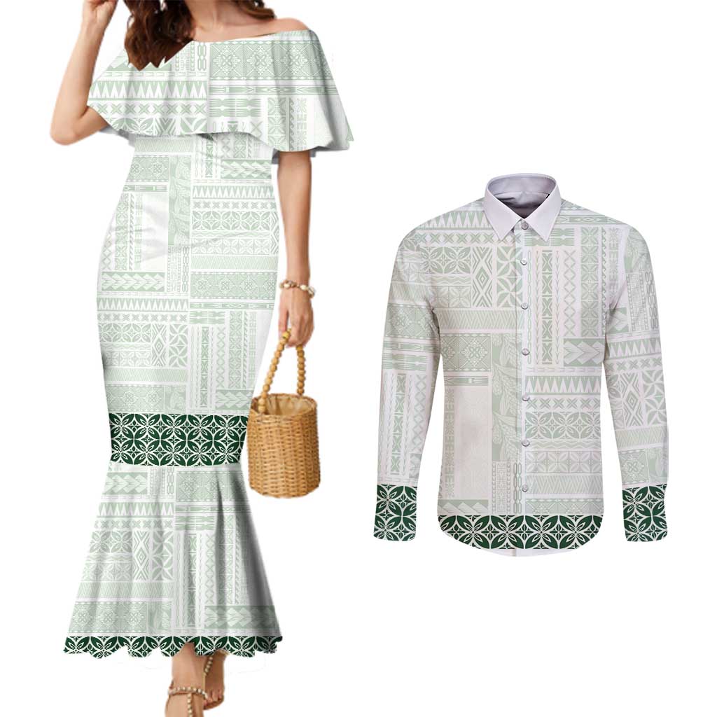 Samoa Siapo Green Trimmed Couples Matching Mermaid Dress and Long Sleeve Button Shirt Samoa White Sunday - Polynesian Pride