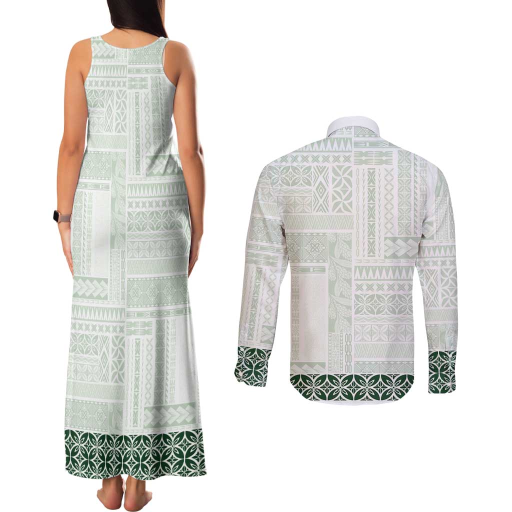 Samoa Siapo Green Trimmed Couples Matching Tank Maxi Dress and Long Sleeve Button Shirt Samoa White Sunday - Polynesian Pride