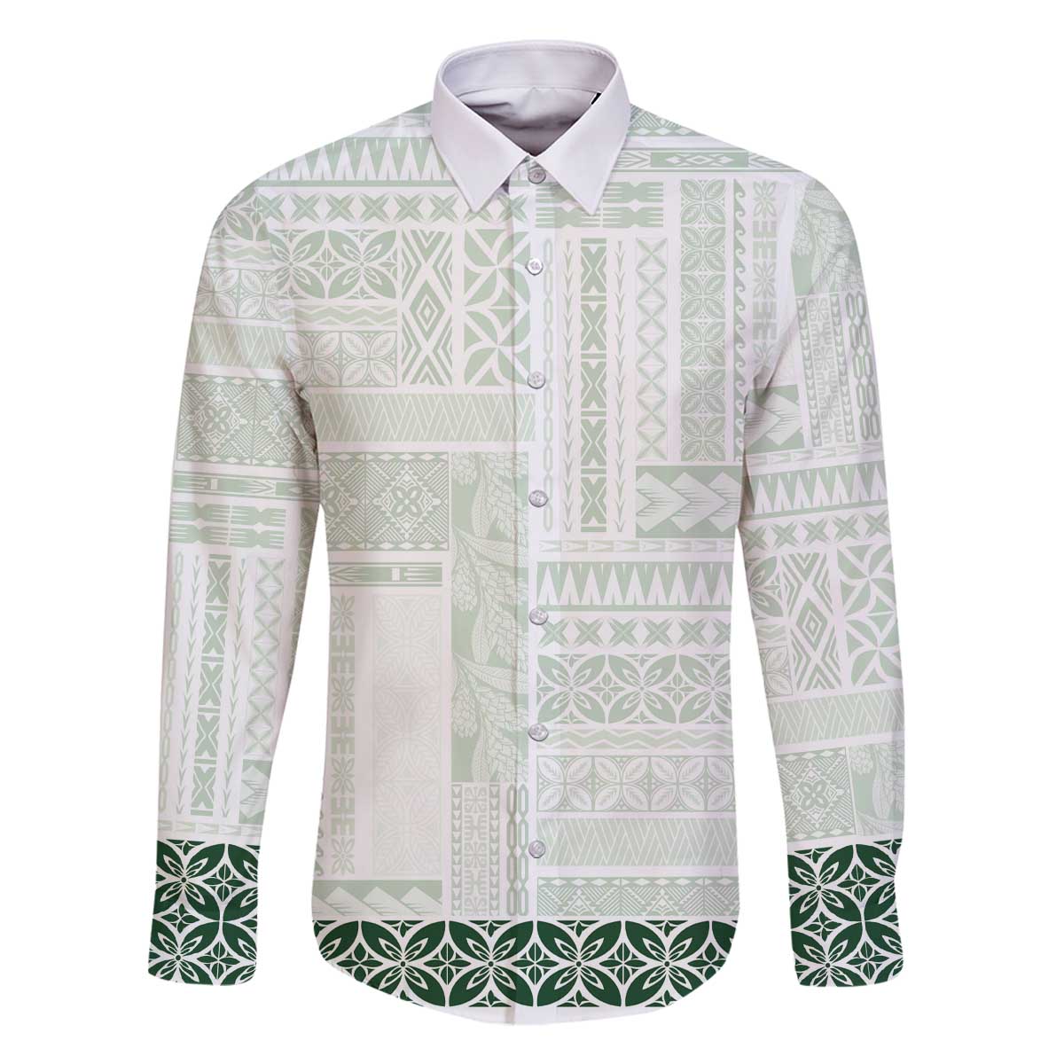 Samoa Siapo Green Trimmed Family Matching Off The Shoulder Long Sleeve Dress and Hawaiian Shirt Samoa White Sunday - Polynesian Pride