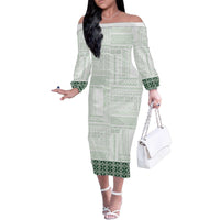 Samoa Siapo Green Trimmed Family Matching Off The Shoulder Long Sleeve Dress and Hawaiian Shirt Samoa White Sunday - Polynesian Pride