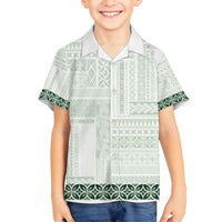 Samoa Siapo Green Trimmed Family Matching Off Shoulder Short Dress and Hawaiian Shirt Samoa White Sunday - Polynesian Pride