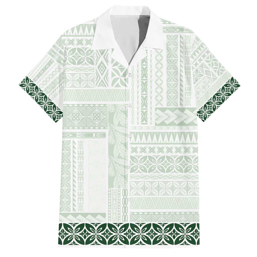 Samoa Siapo Green Trimmed Family Matching Short Sleeve Bodycon Dress and Hawaiian Shirt Samoa White Sunday - Polynesian Pride