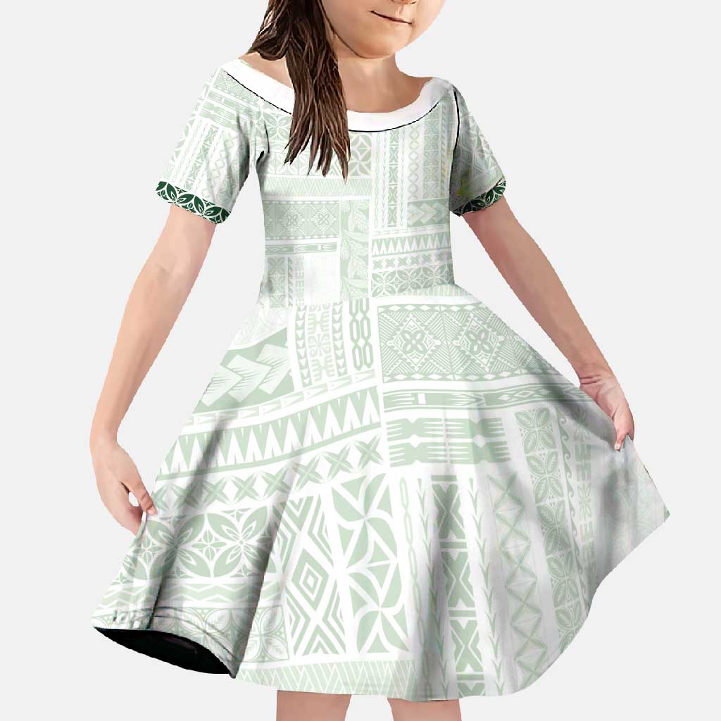 Samoa Siapo Green Trimmed Family Matching Tank Maxi Dress and Hawaiian Shirt Samoa White Sunday - Polynesian Pride