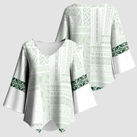 Samoa Siapo Green Trimmed Kimono Sleeve Blouse Samoa White Sunday - Polynesian Pride