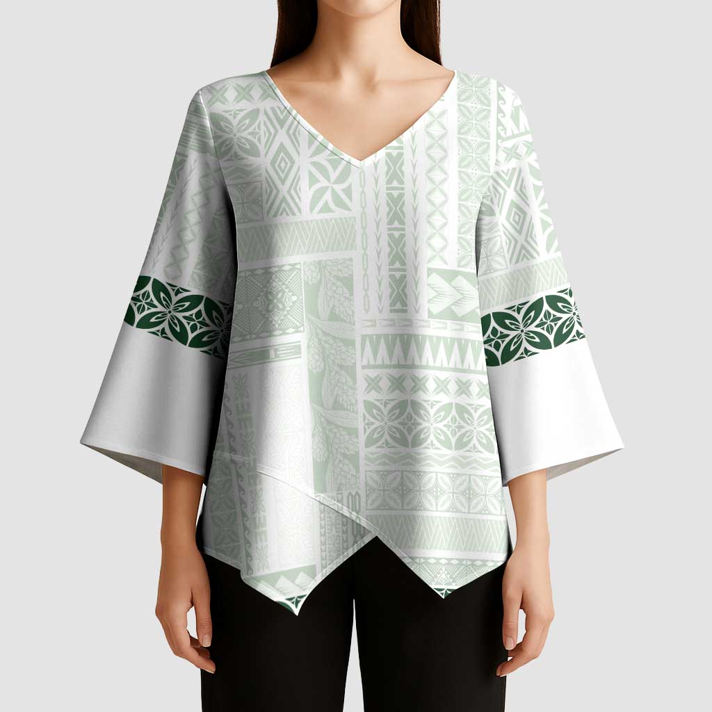 Samoa Siapo Green Trimmed Kimono Sleeve Blouse Samoa White Sunday - Polynesian Pride