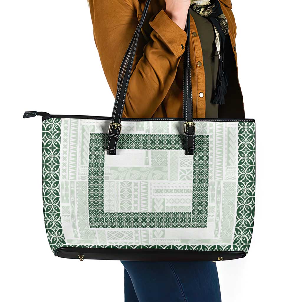 Samoa Siapo Green Trimmed Leather Tote Bag Samoa White Sunday - Polynesian Pride