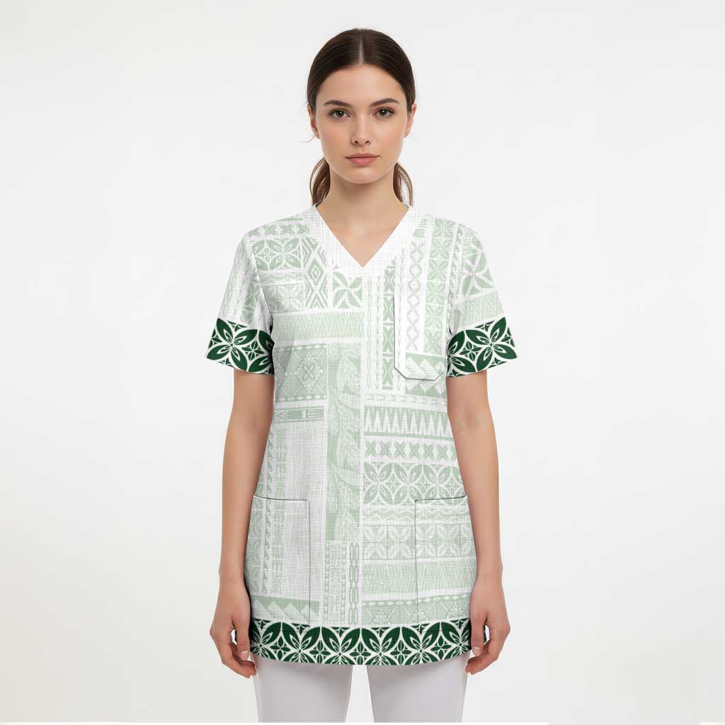 Samoa Siapo Green Trimmed Scrub Top Samoa White Sunday - Polynesian Pride