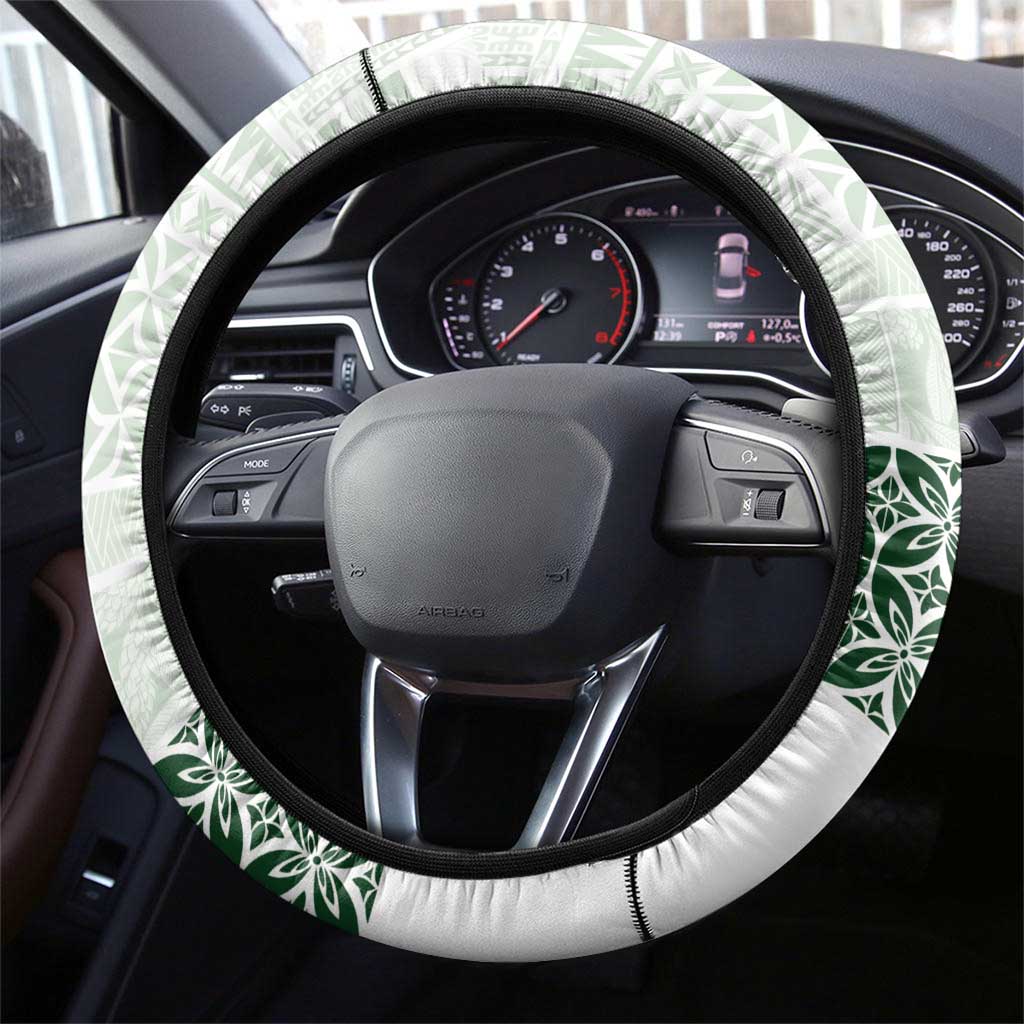 Samoa Siapo Green Trimmed Steering Wheel Cover Samoa White Sunday - Polynesian Pride