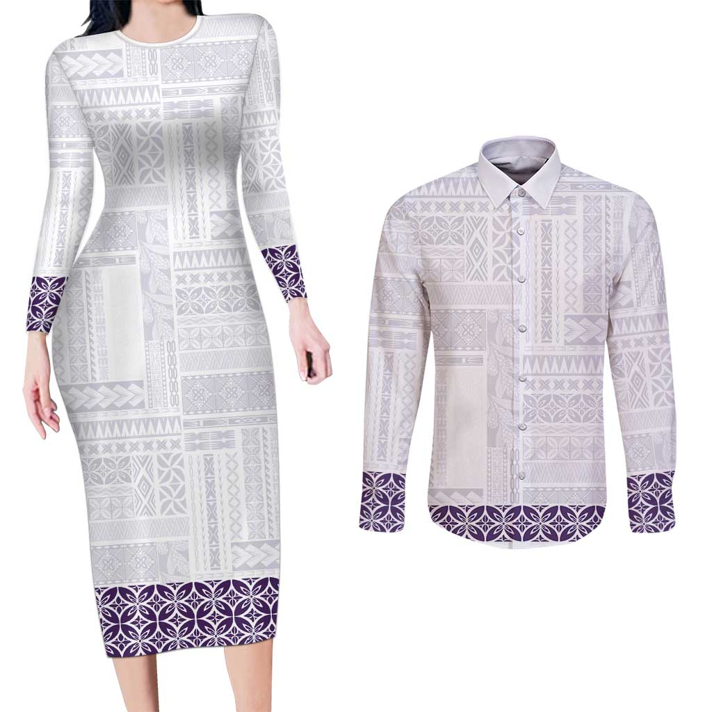 Samoa Siapo Purple Trimmed Couples Matching Long Sleeve Bodycon Dress and Long Sleeve Button Shirt Samoa White Sunday - Polynesian Pride