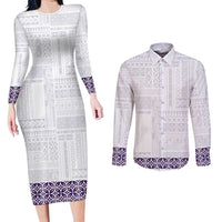 Samoa Siapo Purple Trimmed Couples Matching Long Sleeve Bodycon Dress and Long Sleeve Button Shirt Samoa White Sunday - Polynesian Pride