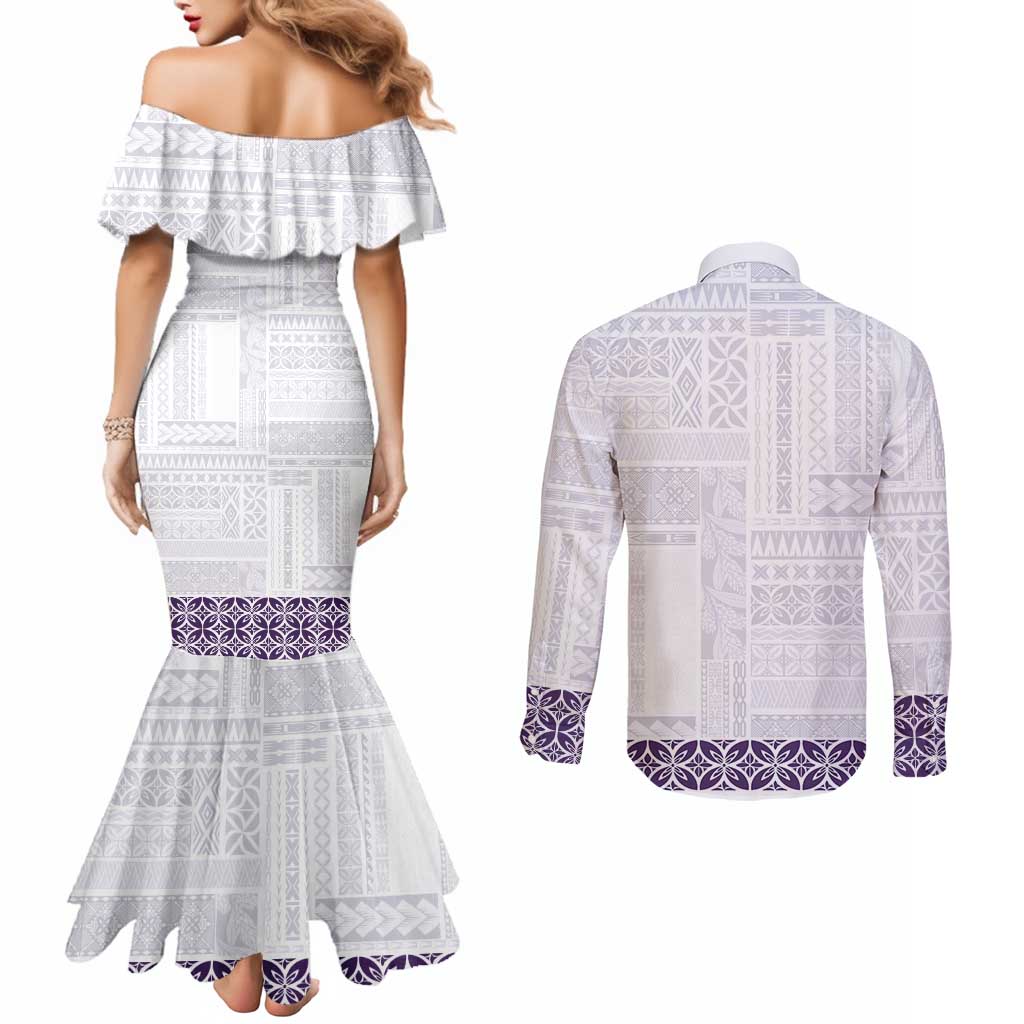 Samoa Siapo Purple Trimmed Couples Matching Mermaid Dress and Long Sleeve Button Shirt Samoa White Sunday - Polynesian Pride