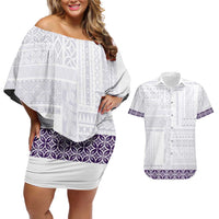 Samoa Siapo Purple Trimmed Couples Matching Off Shoulder Short Dress and Hawaiian Shirt Samoa White Sunday LT01 Purple - Polynesian Pride